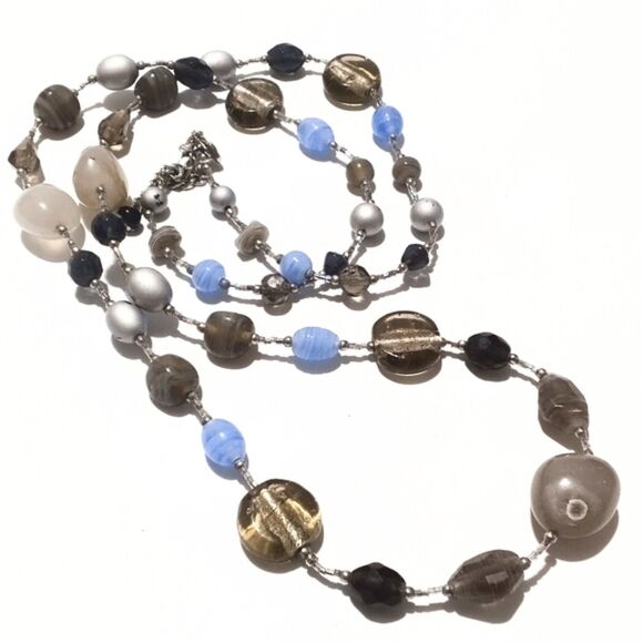 Premier Designs Long Glass & Seed Bead Necklace 40" Blue Gray Beige - Picture 1 of 7